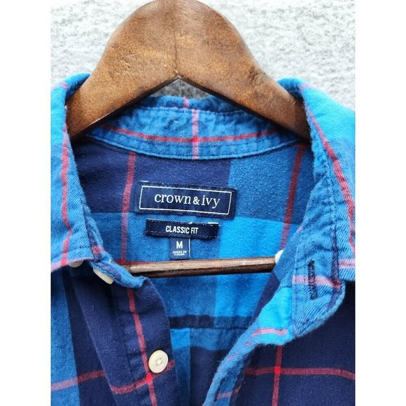 Crown & Ivy Classic Fit Blue Plaid Button-Down Shirt Medium - Picture 2 of 4